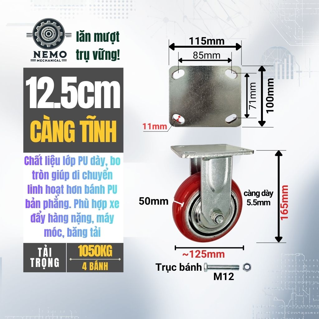 Bánh Xe PU Bo Tròn Tải Nặng – Kiểu Hàn Quốc, Xoay Hướng Linh Hoạt (D100 - D200)